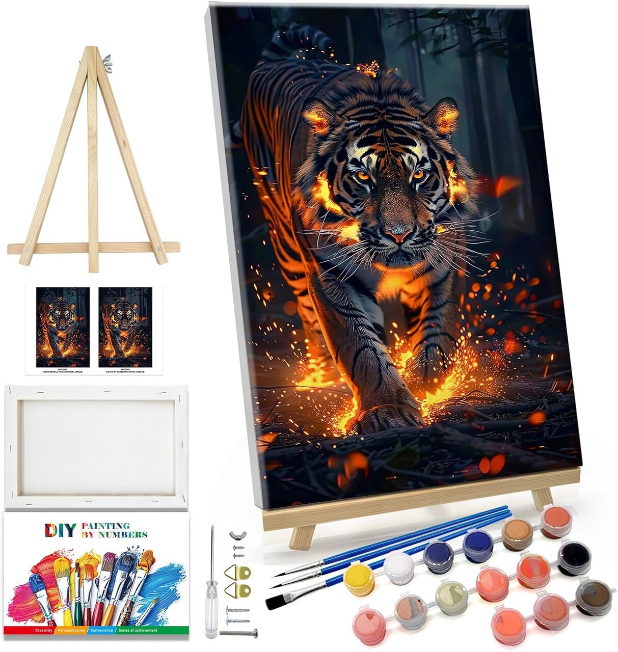 Paint by Numbers Kit for Adults – Tiger Design, DIY Paint by Number with Frame and Easel, Animal Art Kit for Home Wall Decor and Gifts – 7.87x11.81 Inch Canvas